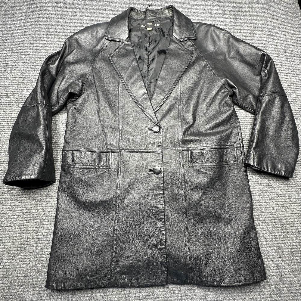 Savannah Leather Coat Womens XLarge‎ Black Button Lined Mid Length Overcoat